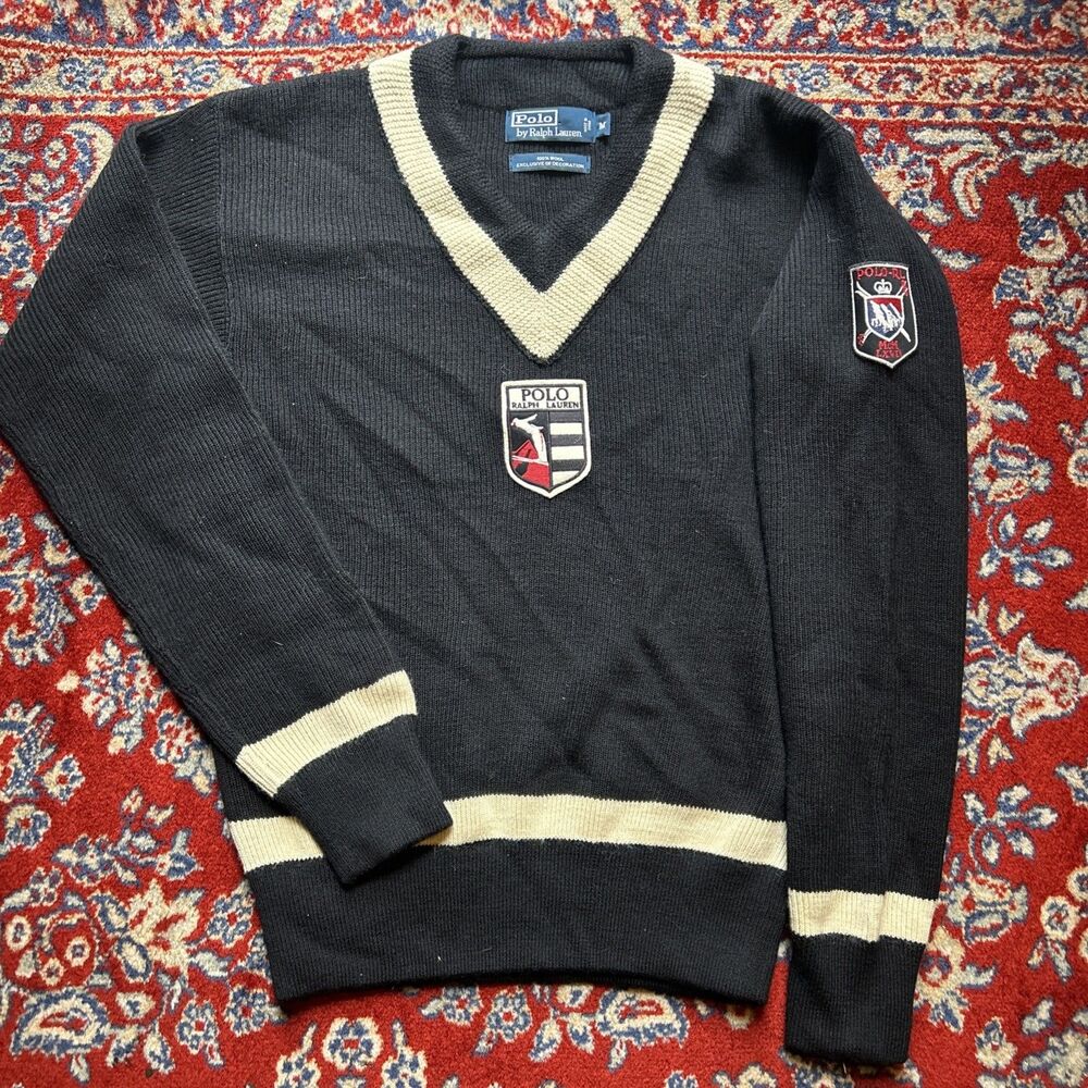 Vintage Polo Ralph Lauren Suicide Ski Jumper V Neck Wool Black Size M Sweater